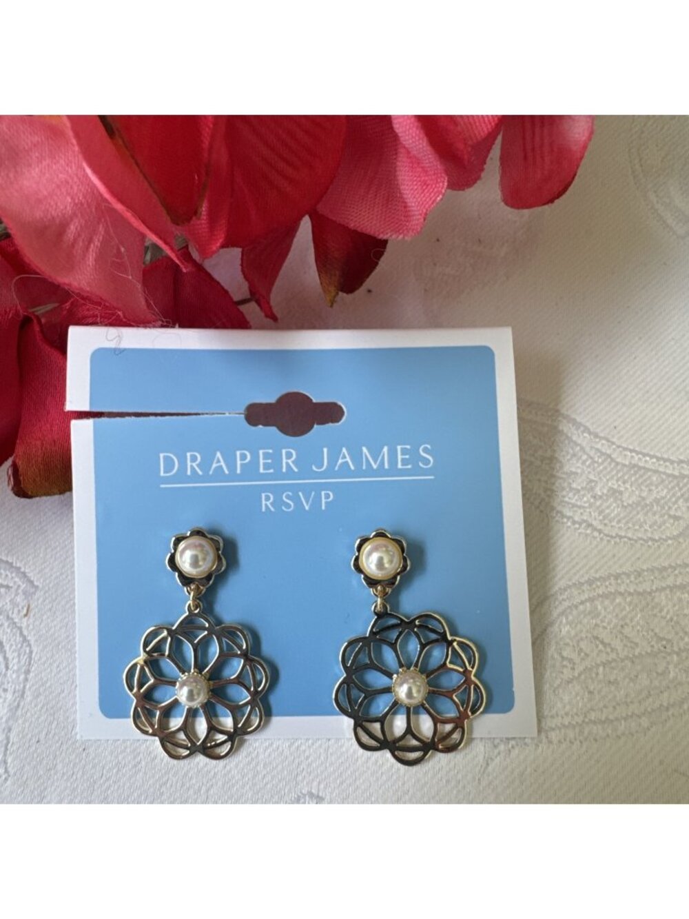 Draper James Dainty Dangle 1.5" Earrings Pearl Filigree GoldTone NEW
